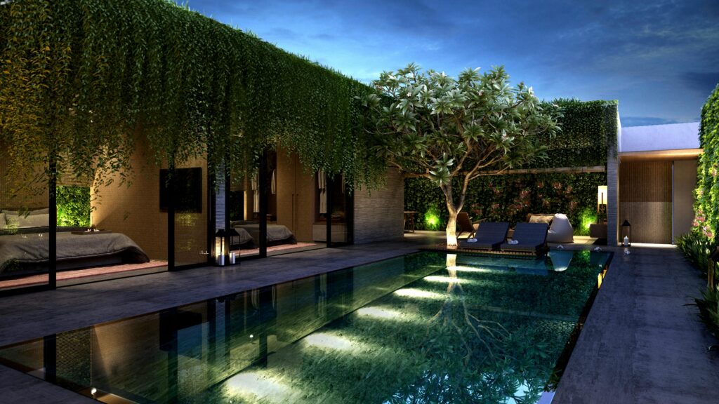 Chic outdoor pool area with lush greenery and modern architecture in a serene setting.