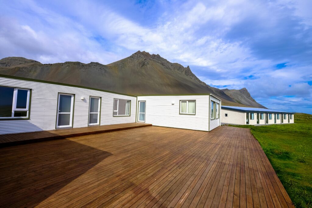 Exterior view of a cedar deck with blue sky