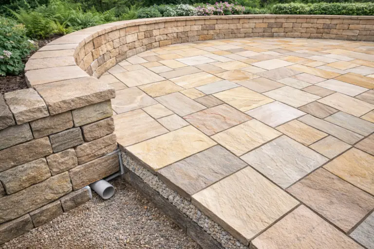 Sandstone Patio With Retaining Wall